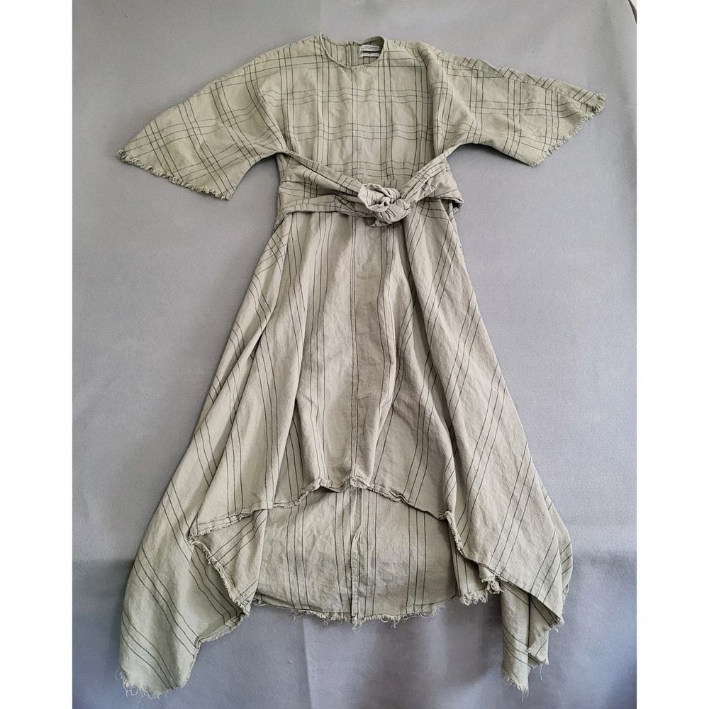 Zara Woman Striped Boho Dress Linen Cotton Blend Tie Waist Women's M